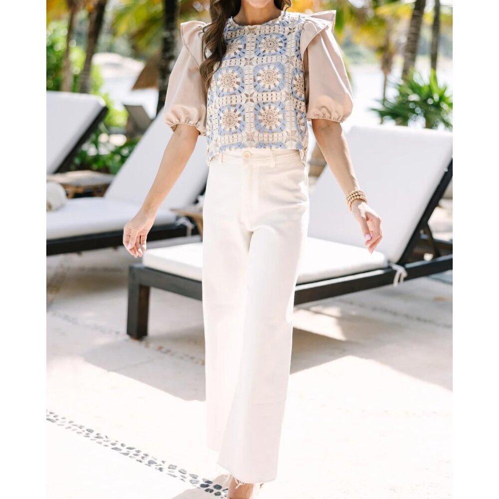 Women Crochet Crop Top Summer Floral Eyelet Ruffle Sleeve Casual Boho - Picture 5 of 5